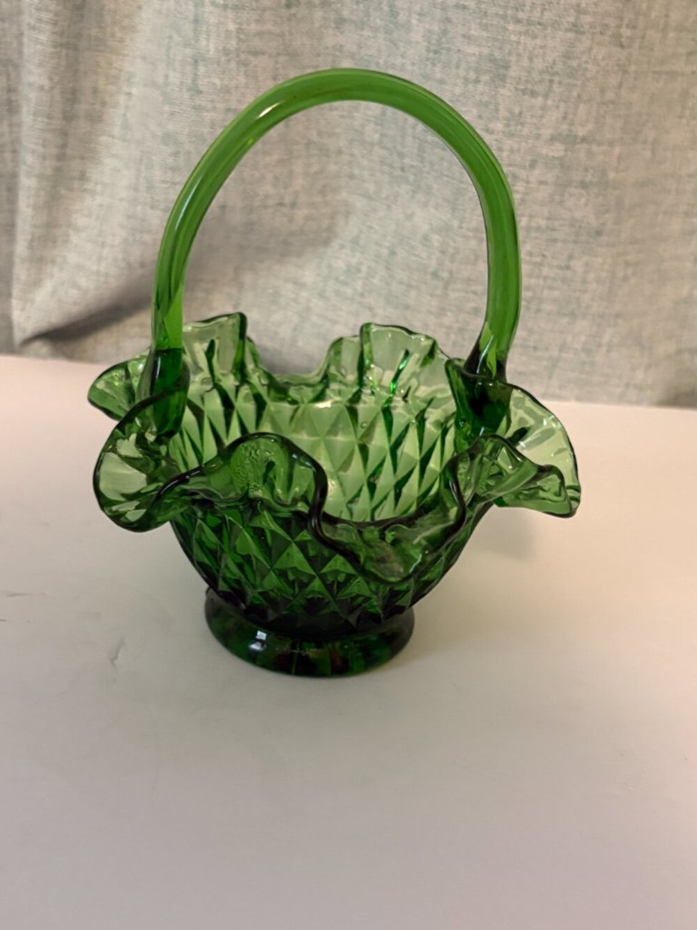 Vintage Green Basket Glass Diamond Imperial Fenton Ruffled Edge